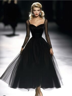 Elegant Black Midi Tulle Dress with Sheer Long Sleeves
